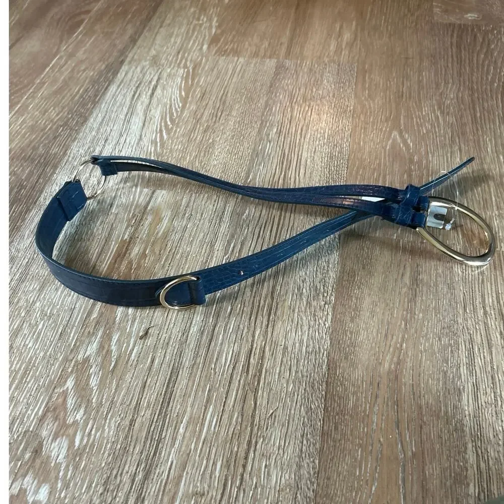 Anthropologie Navy Croc Embossed Adjustable Hip Ring Belt Gold Buckle NWT XS/S